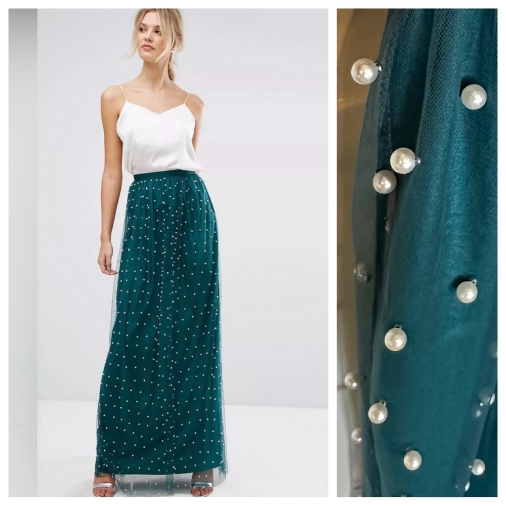 ASOS Design Women’s Tall Faux Pearl Embellished Tulle Maxi Skirt Forest Green - Picture 1 of 14